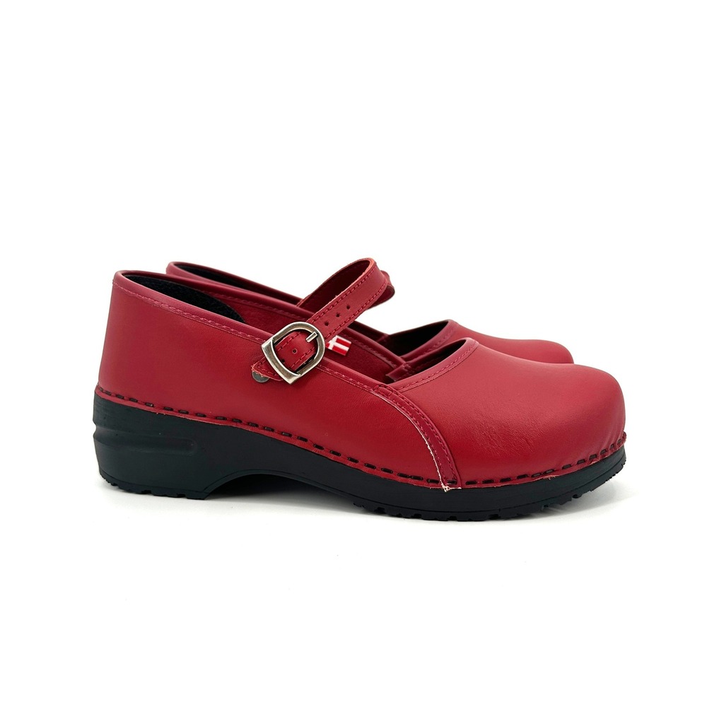 Sanita Clare Red Leather Mary Jane Clogs Buckle Womens Comfort Shoes 41 / US 10